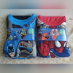 2 NEW BATMAN SPIDERMAN FLANNEL PAJAMA Top/ Bottom Sets Kids DC MARVEL Size 10/12
